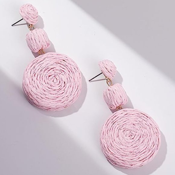 Chunky Petal Pink Raffia Earrings Wicker Bold Retro Statement Dangle 80s 90s New - Picture 2 of 7
